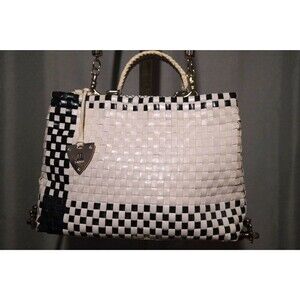 Loriblu Italy Black & White Woven Leather Tote Bag Checker Top Handle